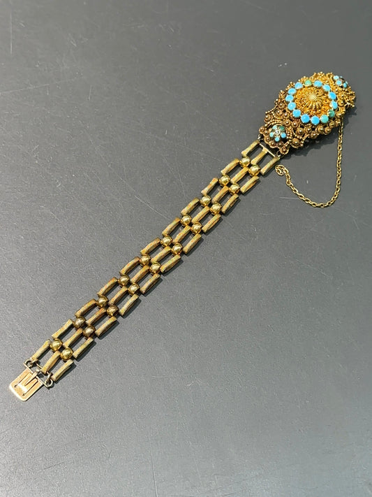 Georgian French 18K Yellow Gold Turquoise Cannetille Bracelet