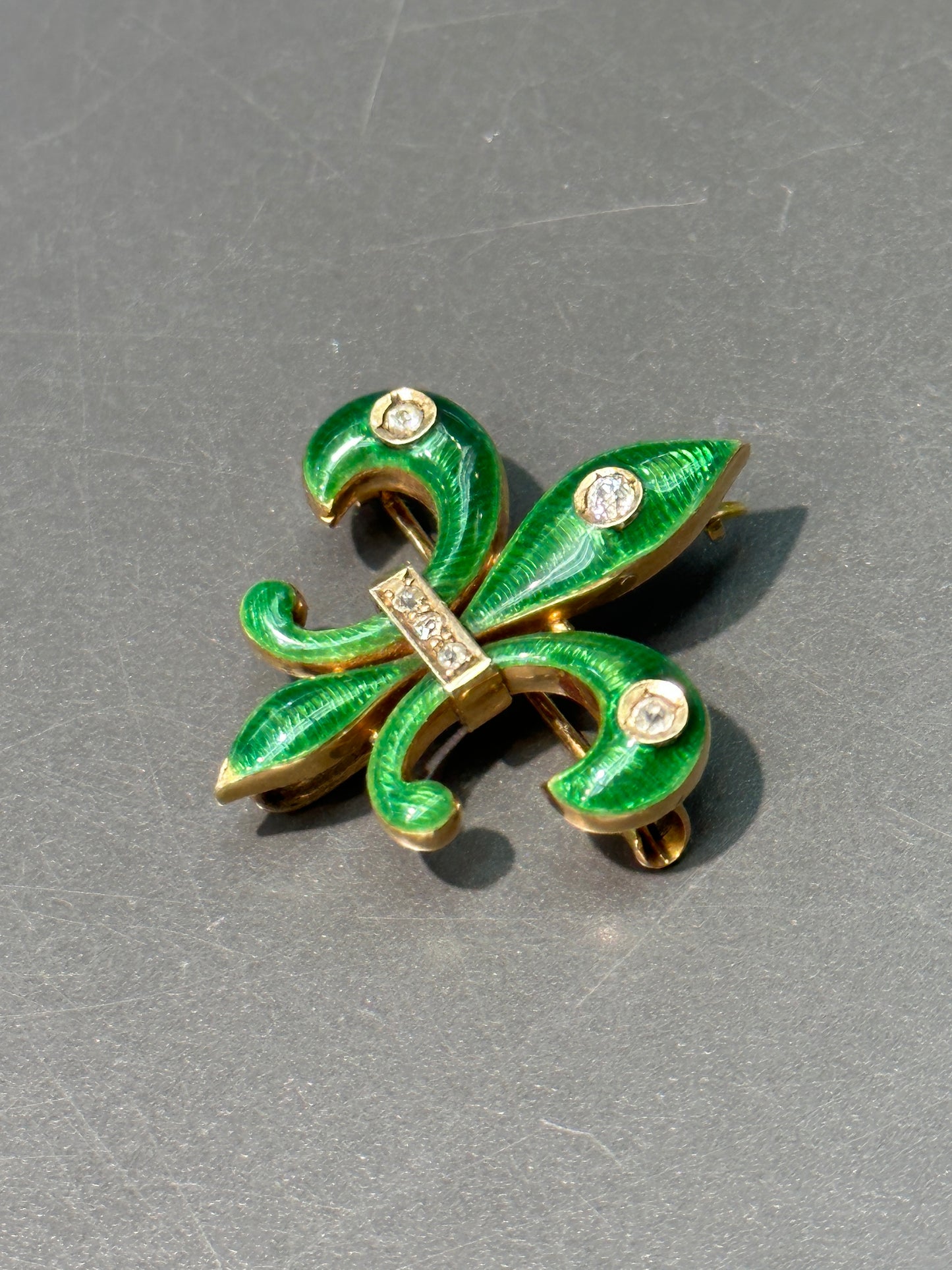 Art Nouveau 14K Gold Green Enamel Fleur-De-Lis Diamond Brooch