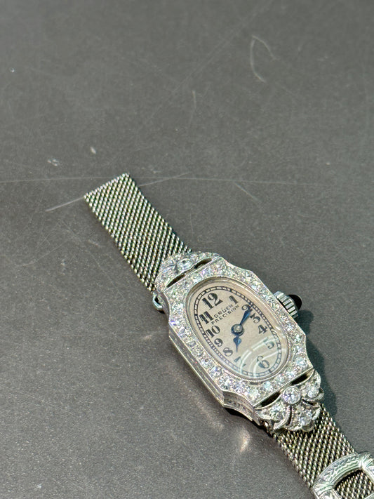 Art Deco 18K White Gold 1.3 CTW Diamond Adjustable Mesh Watch Bracelet