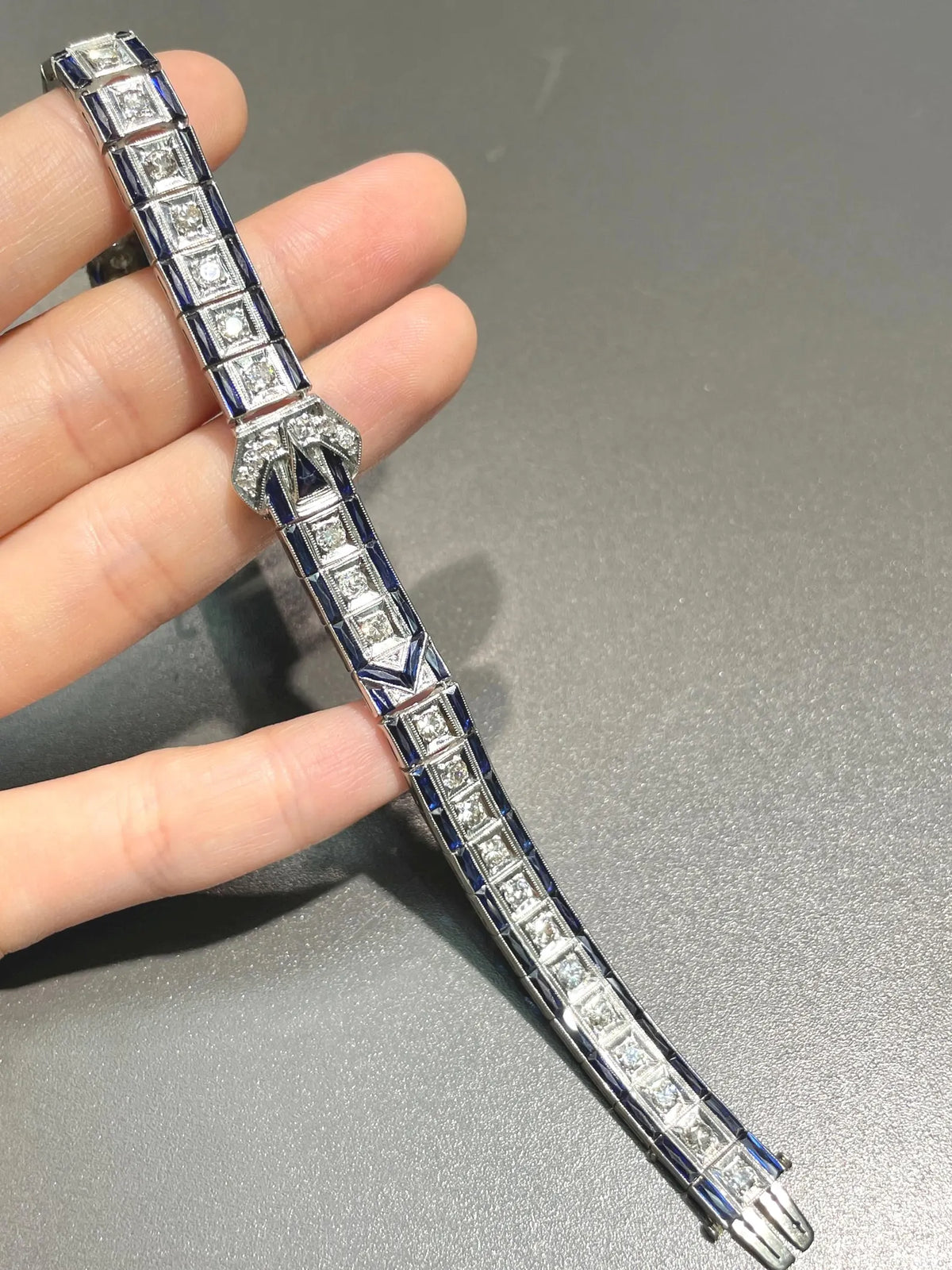Art Deco Platinum 2.94 CTW Diamond Sapphire Buckle Bracelet