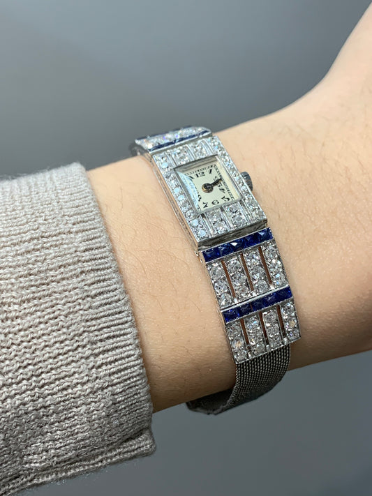 Art Deco French Platinum 18K White Gold 3.04 CTW Diamond Sapphire Adjustable Watch