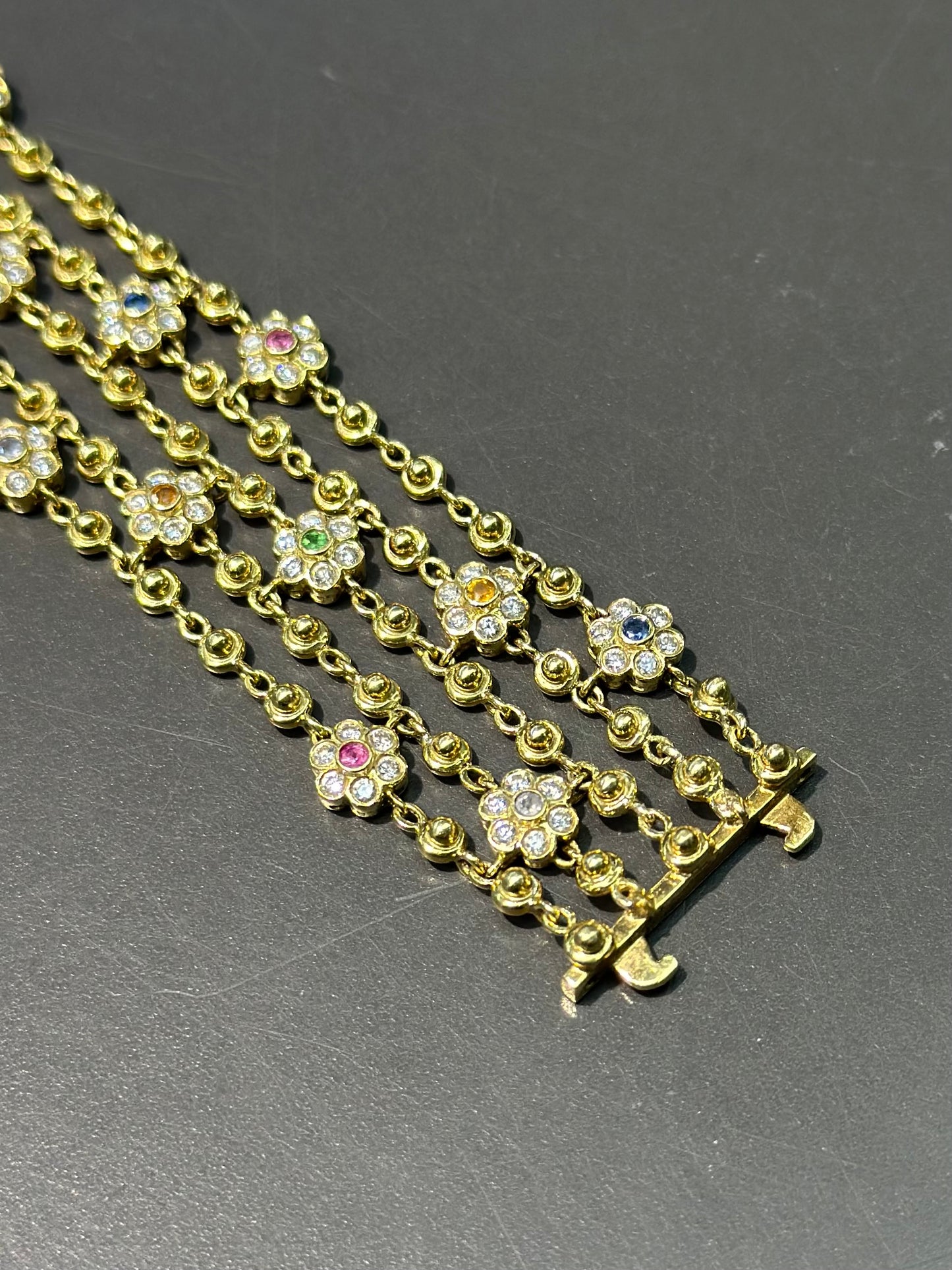 18K Gold Diamond Multi-Gemstone Flower Bracelet