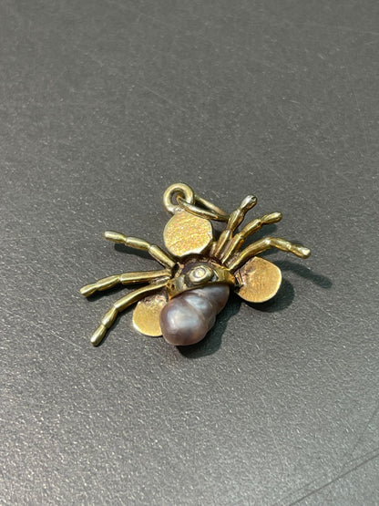 古董 14K 金天然珍珠星光蓝宝石蜘蛛吊饰