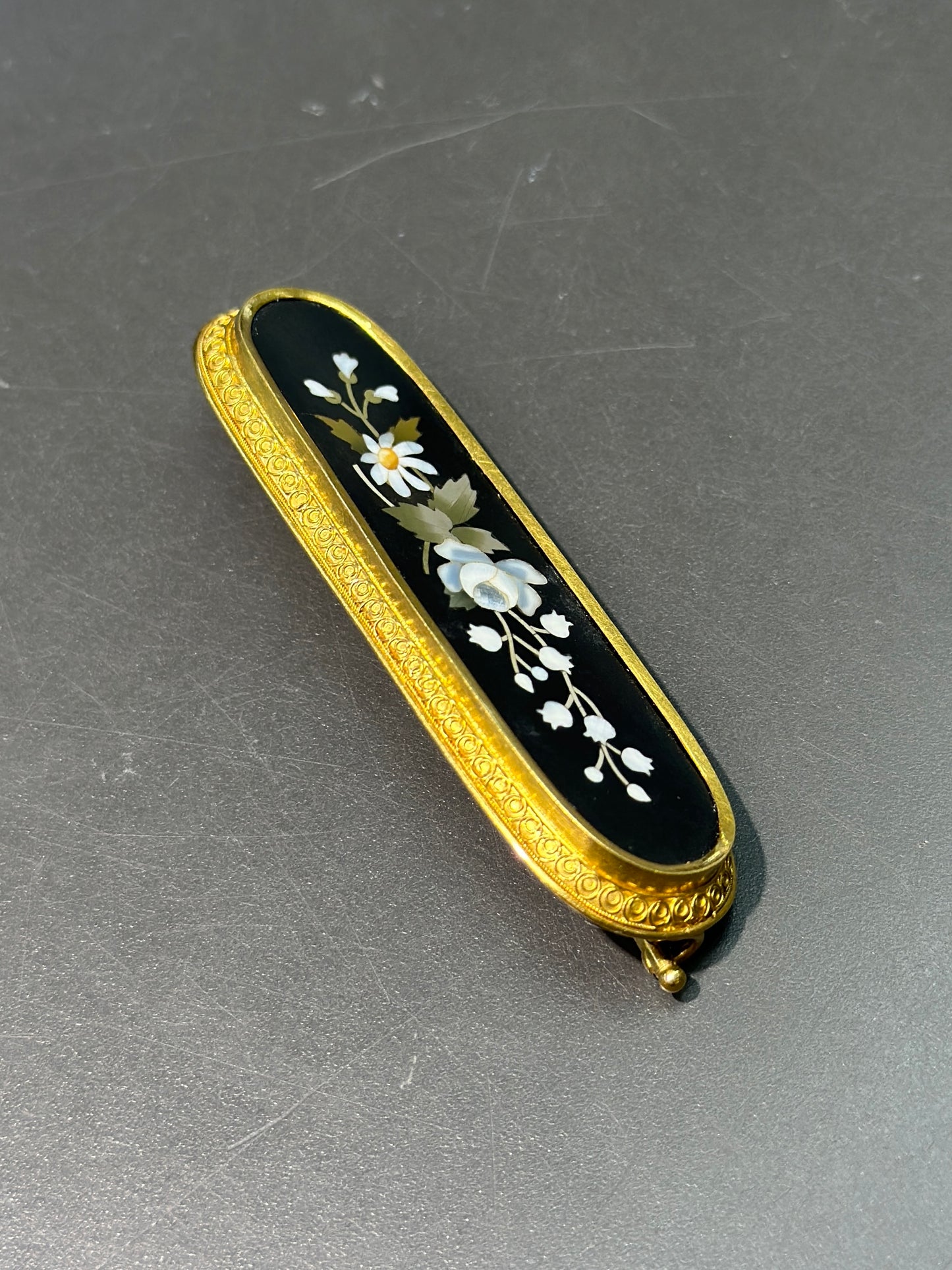 Victorian Etruscan 18K Gold Pietra Dura Brooch