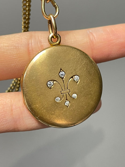 Antique 14K Yellow Gold 0.18 CTW Diamond Fleur De Lis Locket Pendant