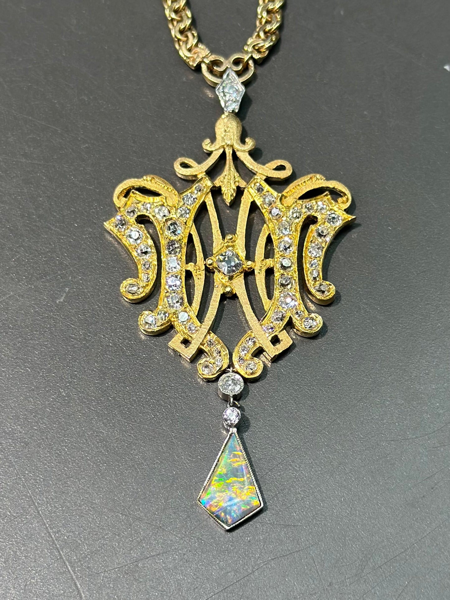Edwardian 18K Yellow Gold Black Opal 2.3 CTW Diamond Motif Pendant Necklace