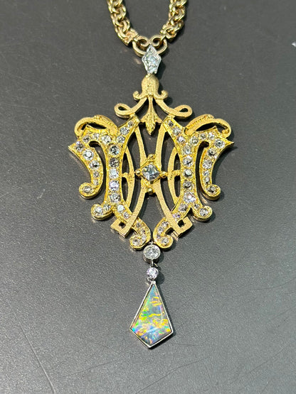 Edwardian 18K Yellow Gold Black Opal 2.3 CTW Diamond Motif Pendant Necklace