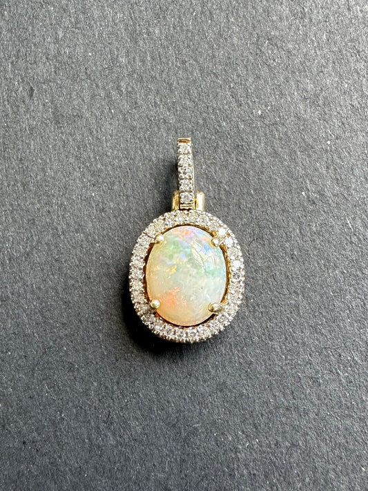 14K 金蛋白石钻石光环吊坠
