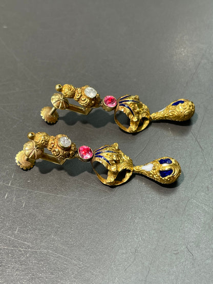 Antique Victorian Etruscan 22K Yellow Gold Diamond Repousse Drop Earring