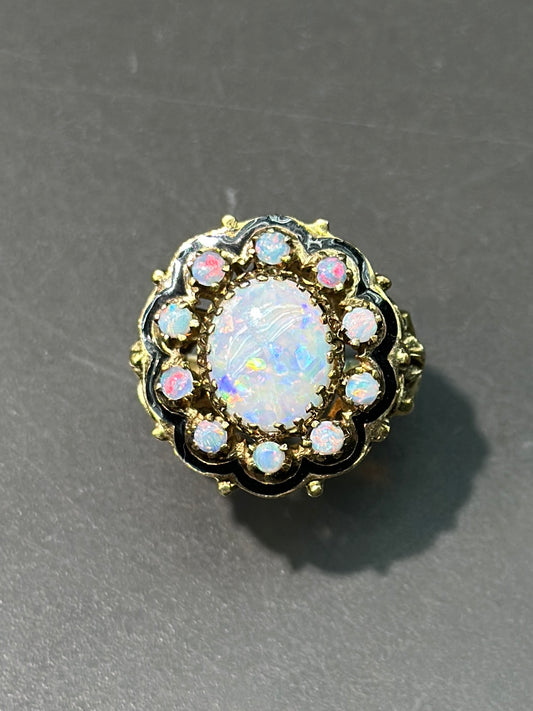 Victorian 14K Gold Enamel Opal Cluster Ring