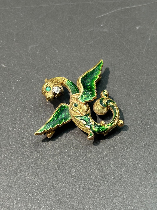 Art Nouveau 14K Gold Enamel Dragon Griffin Brooch