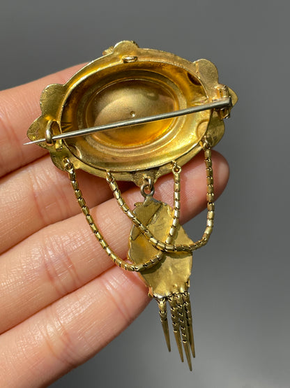 Victorian Etruscan 14K Gold Turquoise Fringe Brooch