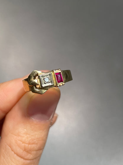 Vintage 14K Gold Diamond Ruby Buckle Belt Ring