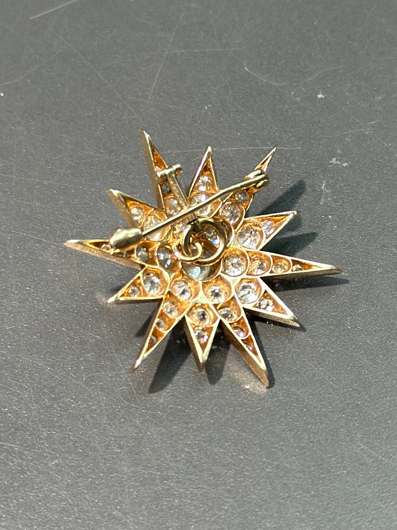 Victorian 14K Gold Diamond Starburst Pendant Brooch