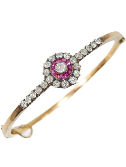 Antique 14K Gold Diamond Ruby Target Bangle Bracelet