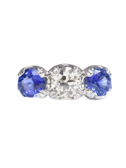Platinum 1.41 CTW Diamond Ceylon Sapphire Three Stone Ring