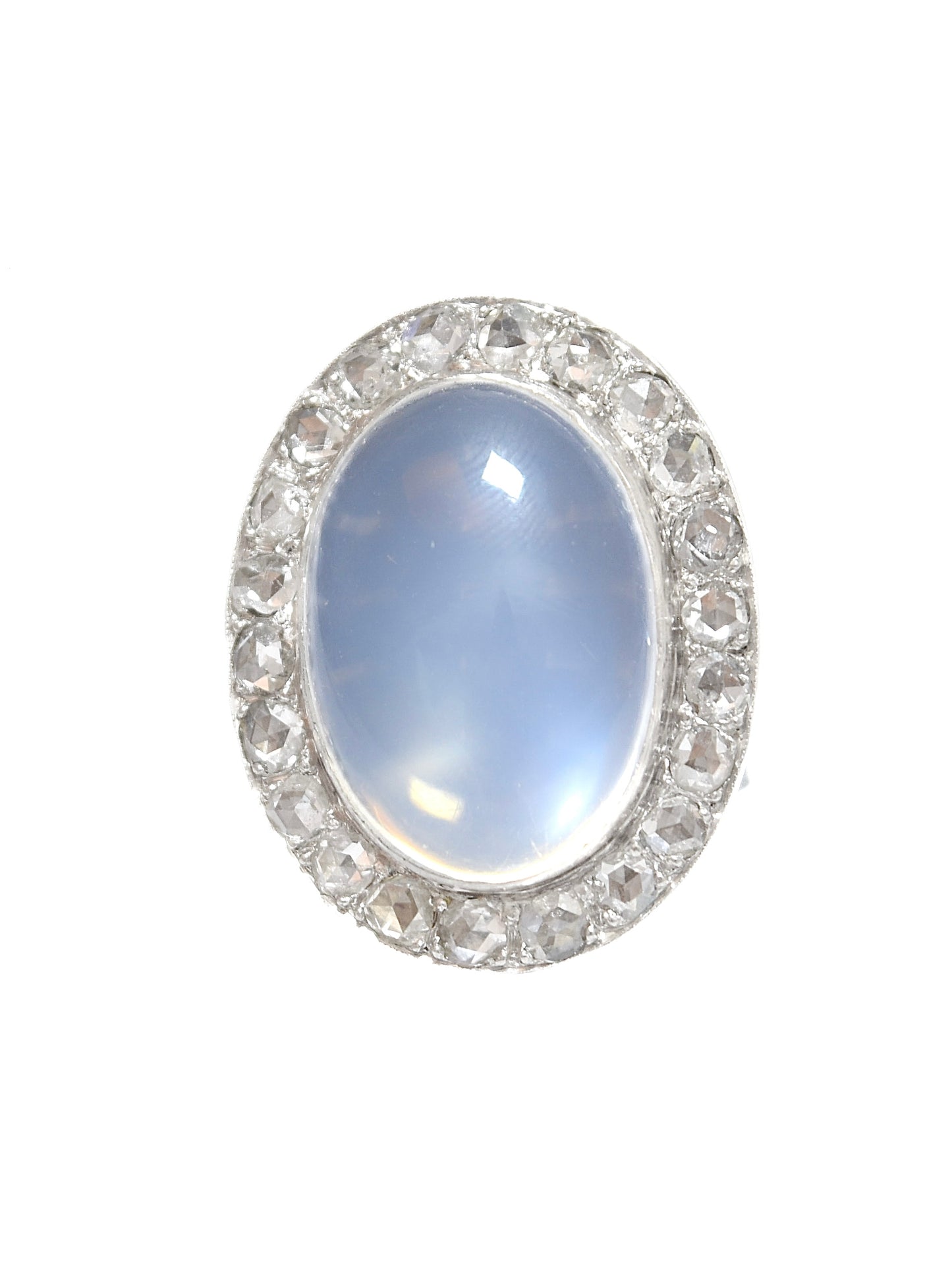 Edwardian 14K White Gold 13.2 CTW Ceylon Moonstone Rose Cut Diamond Halo Ring