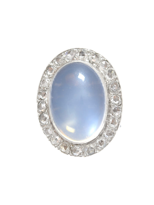Edwardian 14K White Gold 13.2 CTW Ceylon Moonstone Rose Cut Diamond Halo Ring
