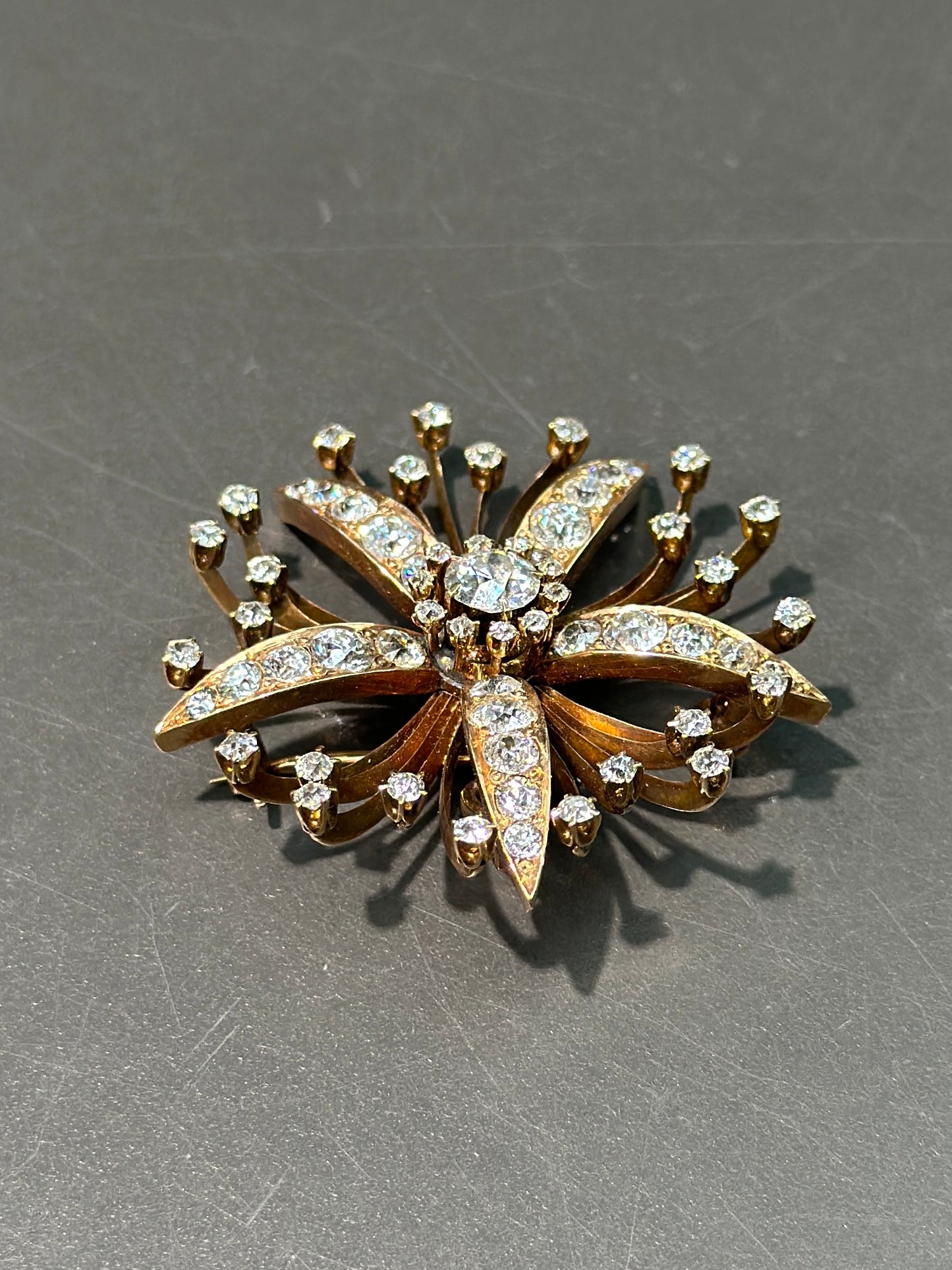 Victorian 14K Gold Diamond Star Flower Brooch Pendant