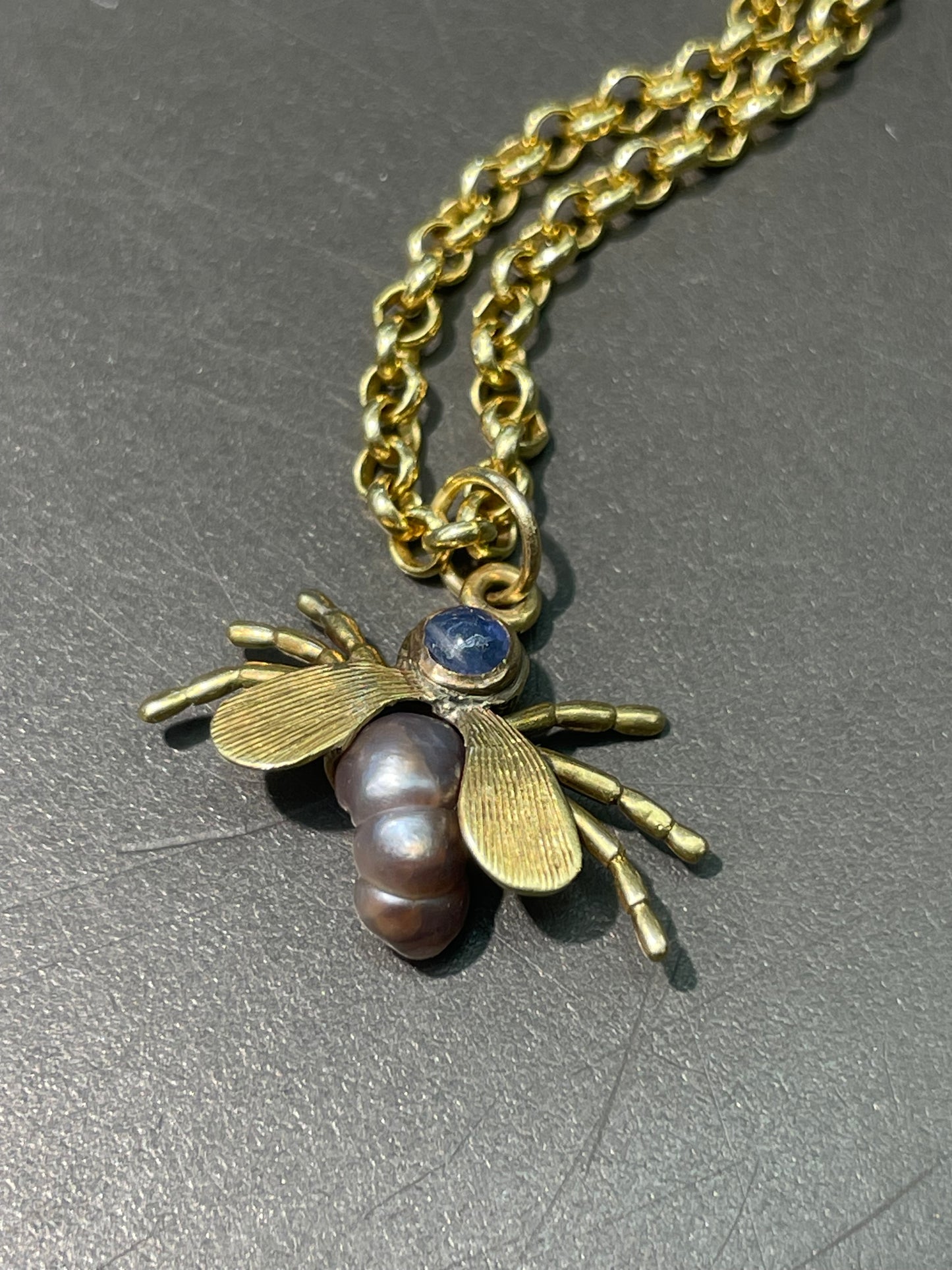 古董 14K 金天然珍珠星光蓝宝石蜘蛛吊饰