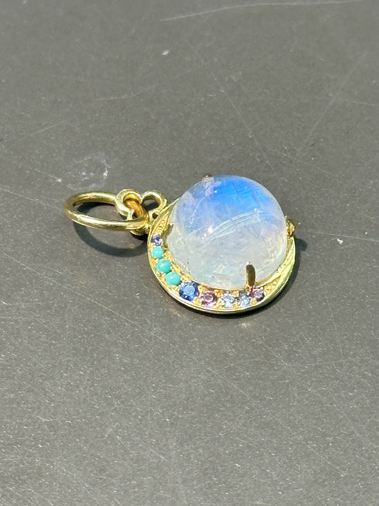 18K Yellow Gold Moonstone Turquoise Sapphire Crescent Charm