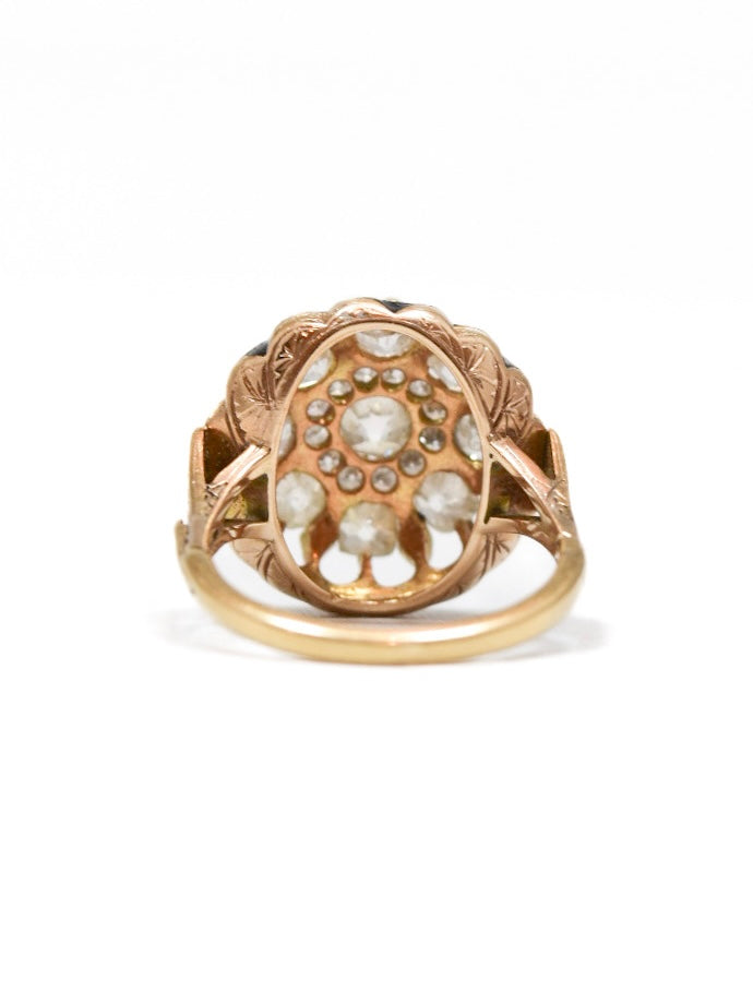 Antique 14K Yellow Gold 3.0 CTW Diamond Enamel Cluster Ring
