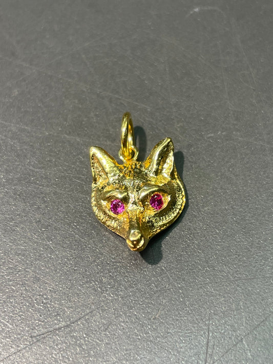 古董 14K 黄金红宝石狐狸吊饰