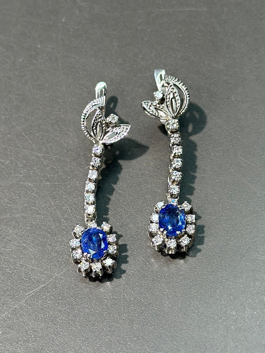 Vintage 18K Gold Blue Sapphire and Diamond Drop Earring