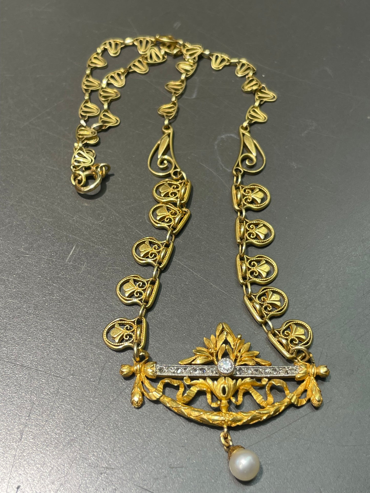 Antique French 18K Yellow Gold Diamond Pearl Filigree Collier Necklace