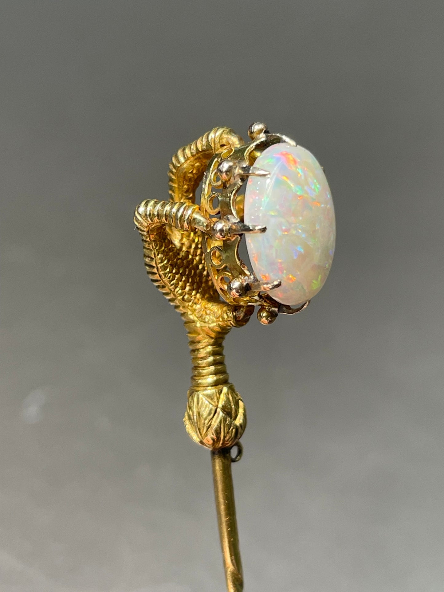 Antique Victorian 14K Yellow Gold Large Opal Eagle Claw Stick Pin