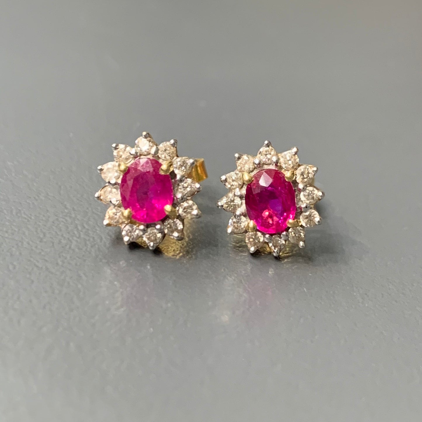 Vintage 14K Gold Natural Ruby and Diamond Halo Stud Earring