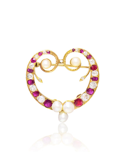 Antique 14K Gold Ruby Diamond Pearl Brooch