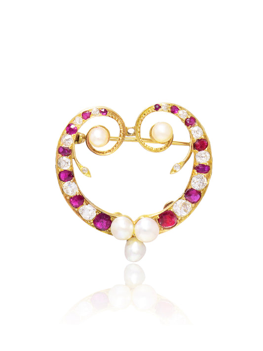 Antique 14K Gold Ruby Diamond Pearl Brooch