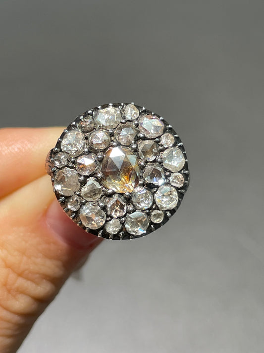 Antique Georgian 18K Gold Topped Silver Rose Cut Diamond Cluster Ring