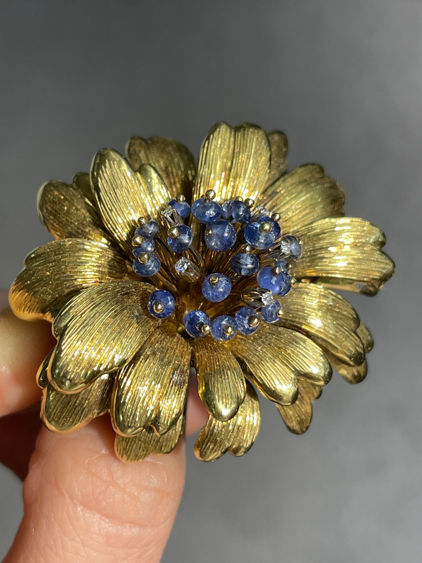 Vintage Tiffany & Co. 18K Gold Sapphire Diamond Flower Brooch