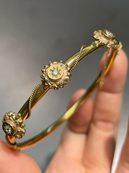 Vintage 14K Gold Diamond Starburst Bangle Bracelet