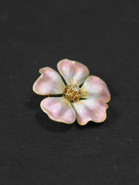 Art Nouveau 14K Gold Pink Flower Enamel Pendant