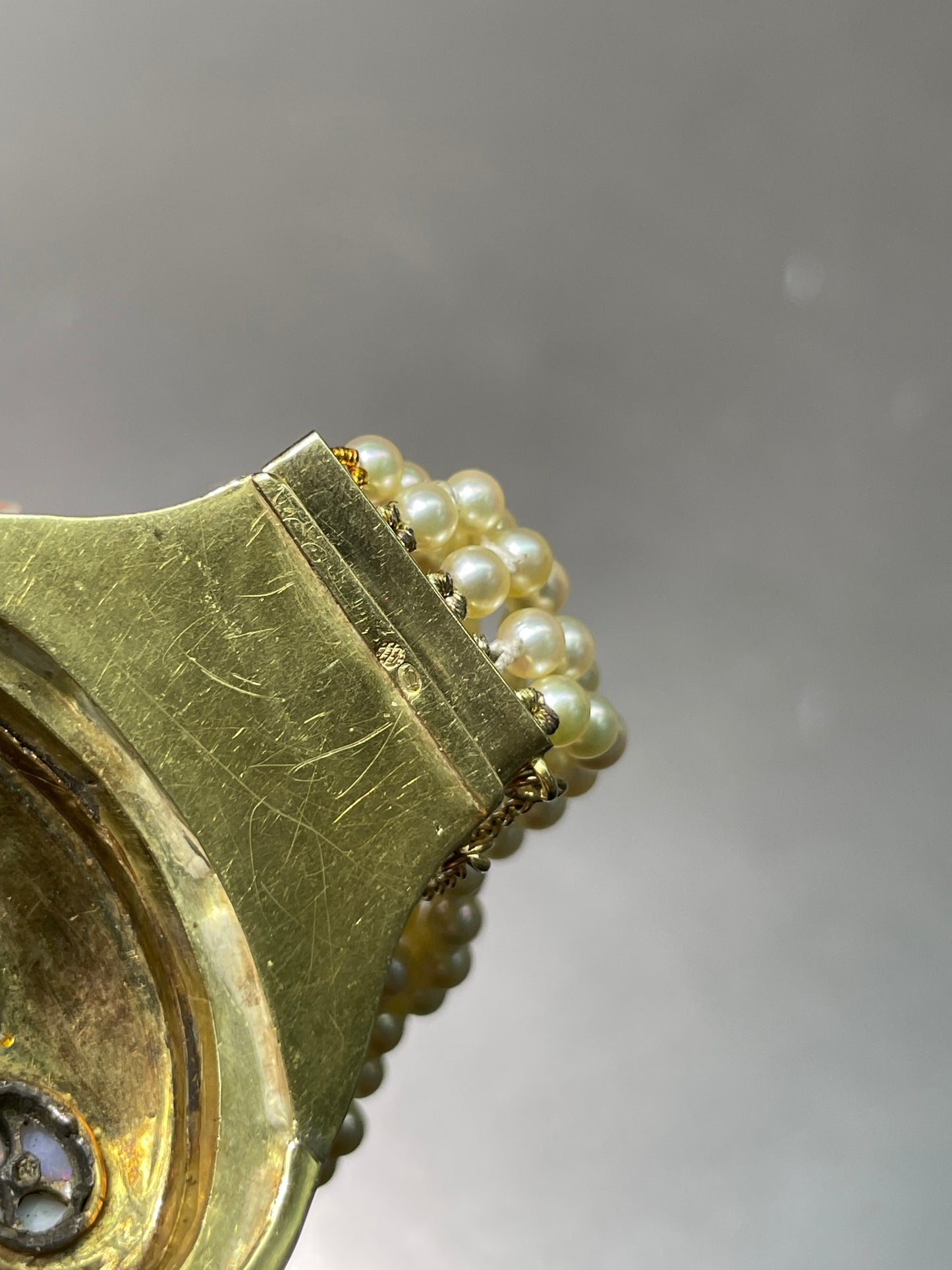 Antique French Victorian 18K Yellow Gold Opal Diamond Multi-Strand Pearl Guilloche Enamel Bracelet