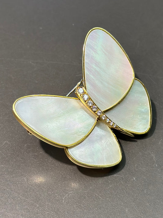 French Van Cleef Arpels 18K Gold Mother of Pearl Diamond Butterfly Brooch