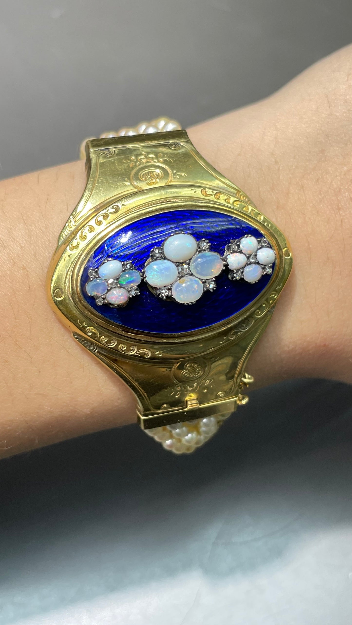 Antique French Victorian 18K Yellow Gold Opal Diamond Multi-Strand Pearl Guilloche Enamel Bracelet