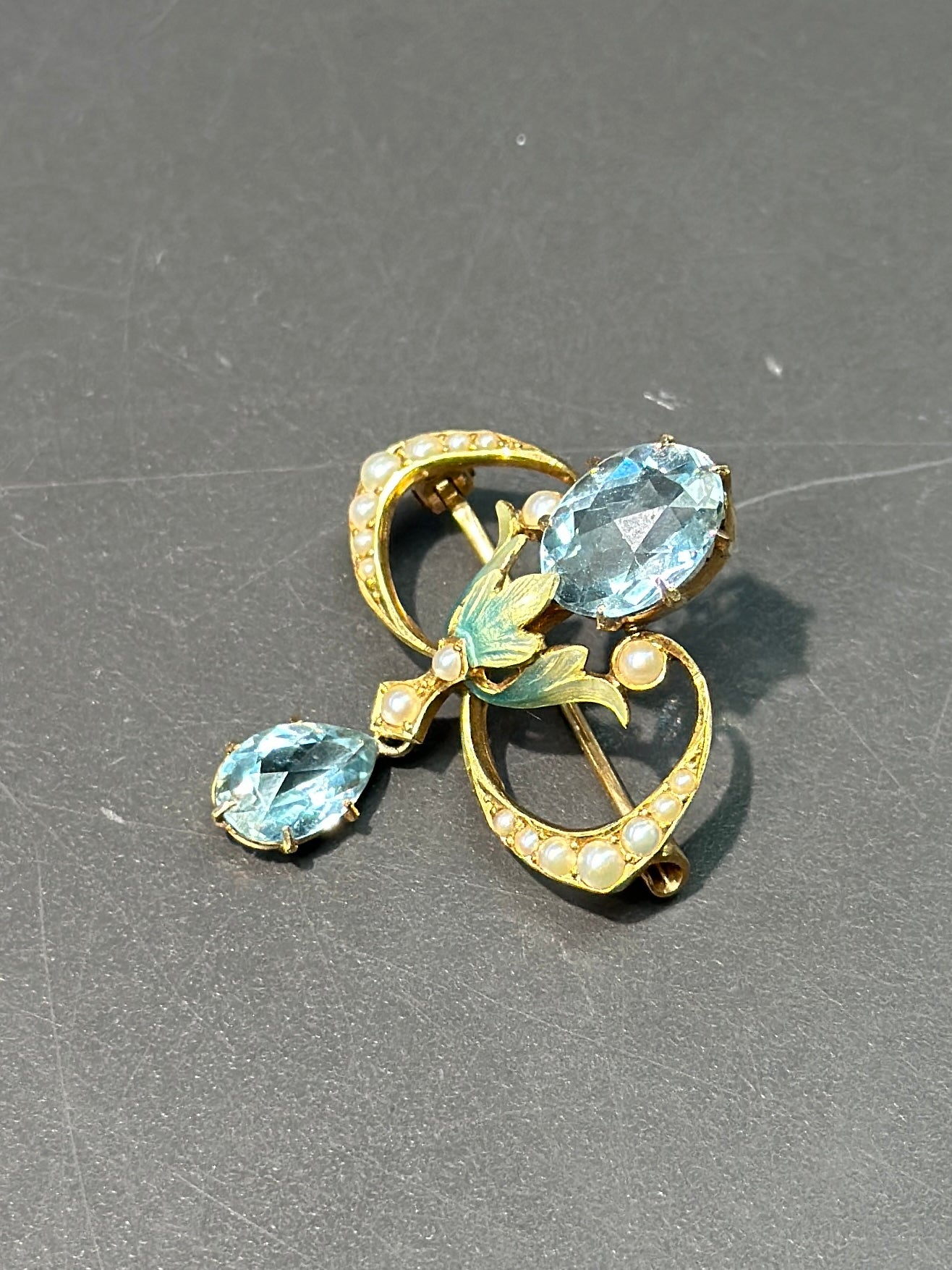 Art Nouveau Krementz & Co. 14K Gold Aquamarine Seed Pearl Enamel Brooch