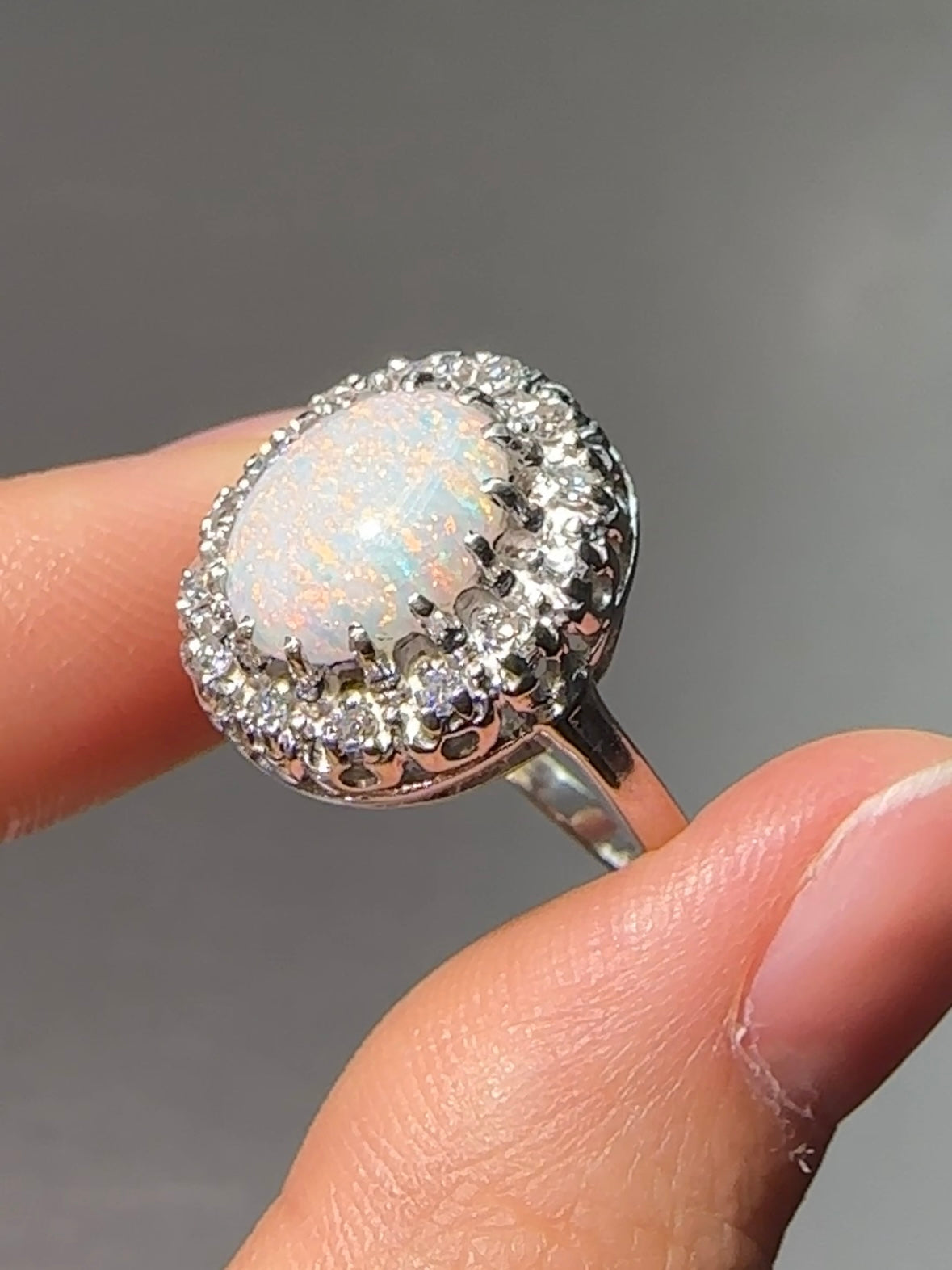 14K White Gold Opal Diamond Halo Ring