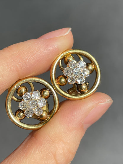 Antique French 18K Gold 1.40 CTW Diamond Cluster Earring