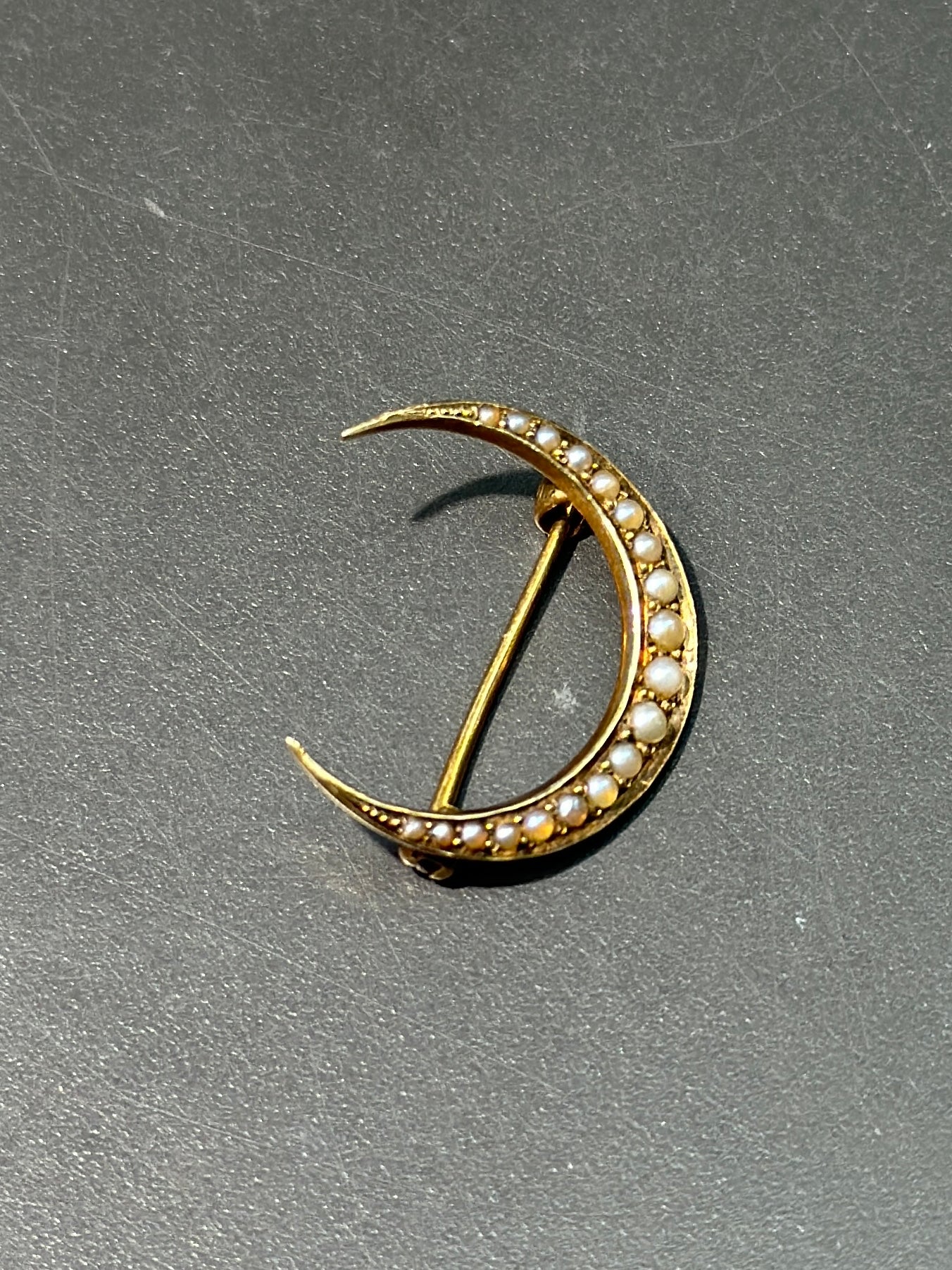 Antique 14K Gold Seed Pearl Crescent Brooch