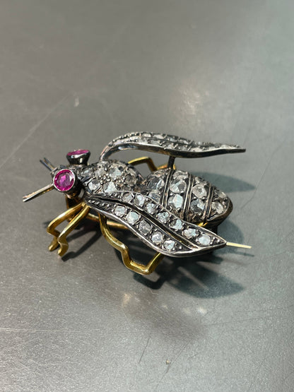 Vintage 14K Gold Topped Silver 2.75 CTW Diamond Ruby Bee Brooch