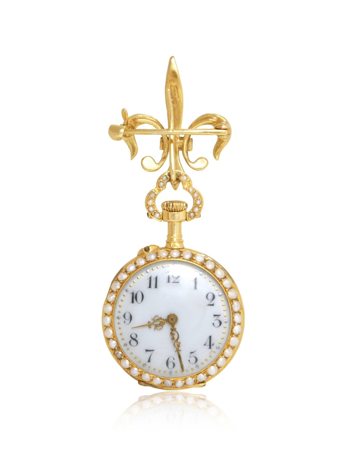 Antique 14K Gold Seed Pearl Diamond Fleur-de-Lis Pocket Watch Brooch