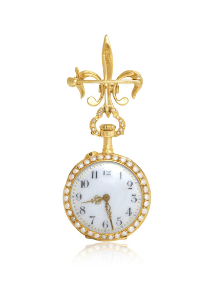 Antique 14K Gold Seed Pearl Diamond Fleur-de-Lis Pocket Watch Brooch