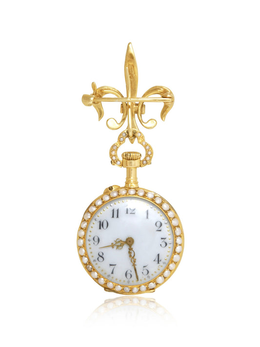 Antique 14K Gold Seed Pearl Diamond Fleur-de-Lis Pocket Watch Brooch