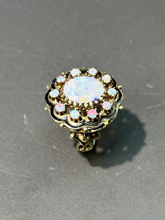 Victorian 14K Gold Enamel Opal Cluster Ring