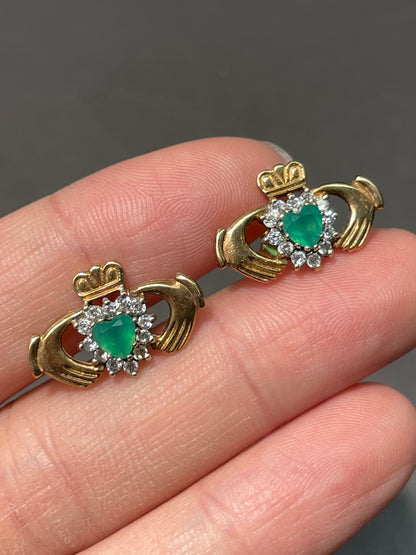 Vintage 14K Gold Chrysoprase Diamond Halo Claddaugh Earring